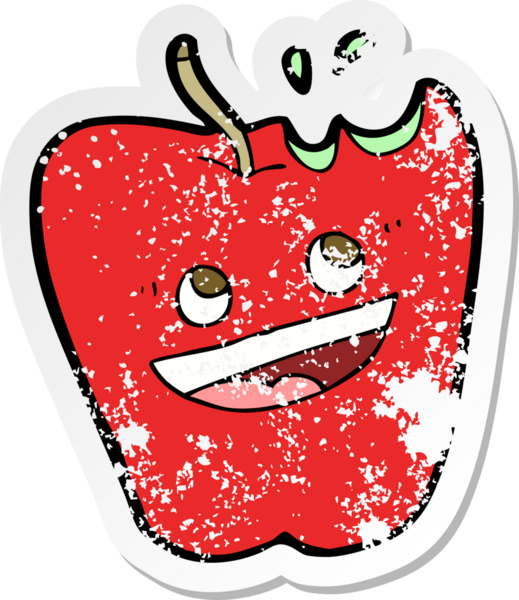 Bir insan tarafından çizilmiş mutlu elma karikatürünün gerilimli retro yapıştırması.