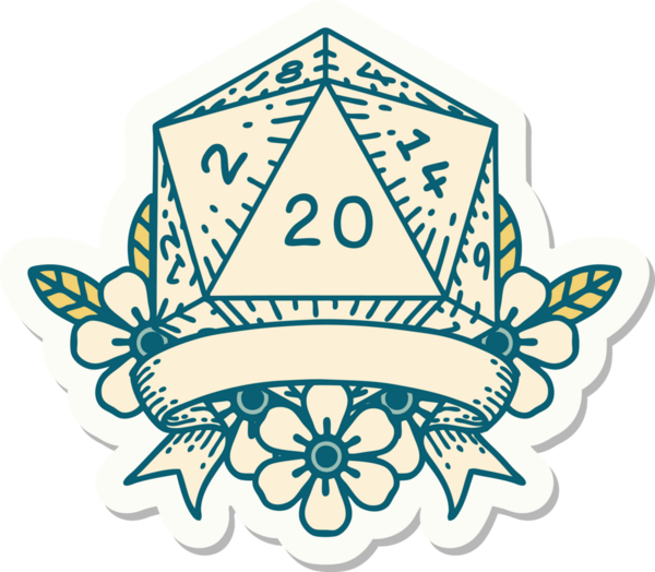 Bir insan tarafından çizilmiş 20 kritik vuruşluk D20 zar etiketi.