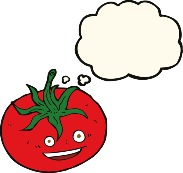 Bir insan tarafından çizilmiş düşünce baloncuklu domates.