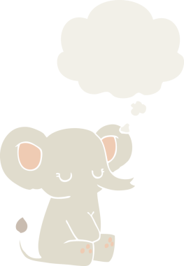 Düşünce baloncuğu olan karikatür fili insan tarafından çizilmiş.