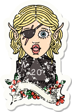 Bir insan tarafından çizilmiş doğal yirmi zarlı bir elf hırsızının grunge sticker 'ı