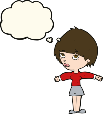 Bir insan tarafından çizilmiş düşünce balonlu açık kollu çizgi film kadını.