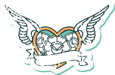 Bir insan tarafından çizilmiş çiçek ve pankartıyla uçan bir kalbin sembolik dövmeli resmi.