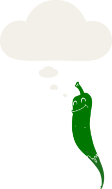 Düşünce baloncuklu kırmızı biber çizgi filmi bir insan tarafından çizilmiş.