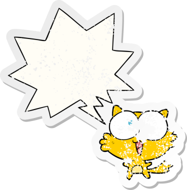 Tatlı, çizgi film delisi, konuşma baloncuklu bir kedi. Bir insan tarafından çizilmiş sıkıntılı, yaşlı bir çıkartma.