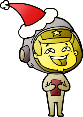 Bir insan tarafından çizilmiş Noel Baba şapkası giymiş gülen bir astronotun el çizimi.