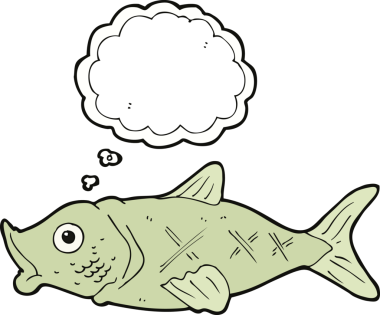 Bir insan tarafından çizilmiş düşünce baloncuklu çizgi film balığı.