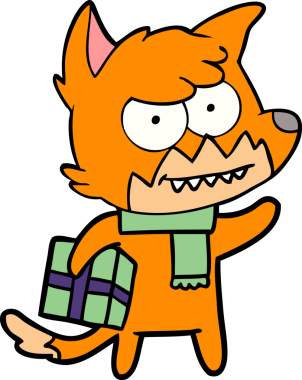 Bir insan tarafından çizilmiş Noel hediyesi ile sırıtan tilki çizgi filmi