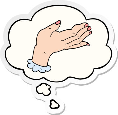 İnsan tarafından çizilmiş bir çıkartma olarak düşünce baloncuğu olan karikatür el