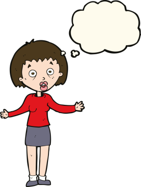 Bir insan tarafından çizilmiş düşünce baloncuğuyla bahaneler üreten çizgi film kadını.