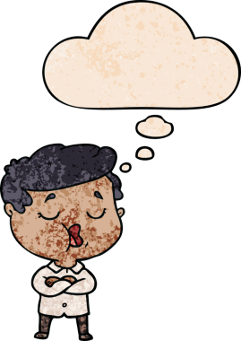 Bir insan tarafından çizilmiş grunge desenli düşünce baloncuğuyla konuşan çizgi film adamı.