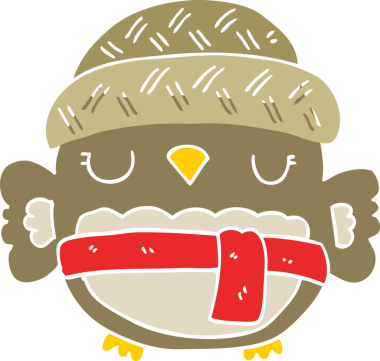 Bir insan tarafından çizilmiş şapkalı şirin düz renkli çizgi film baykuşu.