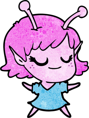 Bir insan tarafından çizilmiş gülümseyen uzaylı kız çizgi filmi.