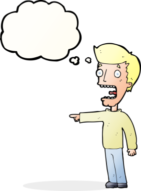 Bir insan tarafından çizilmiş düşünce baloncuğuyla dehşete düşmüş bir adam.