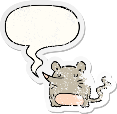 Konuşma baloncuğu olan çizgi film faresi bir insan tarafından çizilmiş sıkıntılı eski bir çıkartma