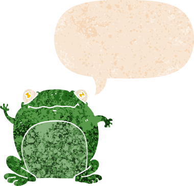 grunge 'da konuşma baloncuğu olan karikatür kurbağası bir insan tarafından çizilmiş dertli retro stil.