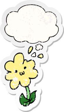 Düşünce baloncuğu olan karikatür çiçeği insan tarafından çizilmiş yıpranmış bir çıkartma gibi.