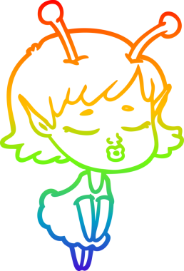 Gökkuşağı gradyan çizgisi. Bir insan tarafından çizilmiş şirin bir uzaylı kız çizgi filmi.