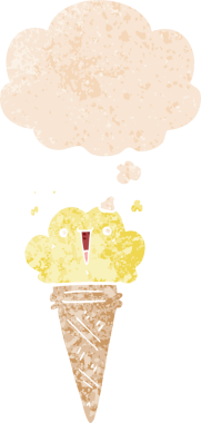 Yüzünde düşünce kabarcığı olan karikatür dondurması bir insan tarafından çizilmiş dertli retro tarzı.