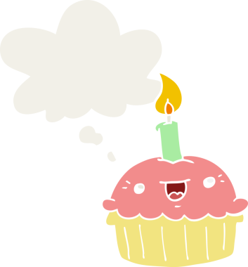 Düşünce baloncuklu mumlu çizgi film keki insan tarafından çizilmiş.