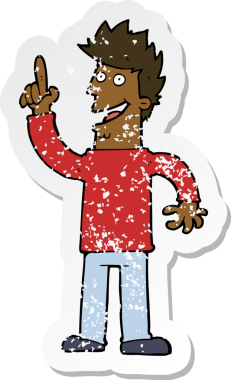 Bir insan tarafından çizilmiş yeni bir fikri olan karikatürcü adamın sıkıntılı retro yapıştırması.