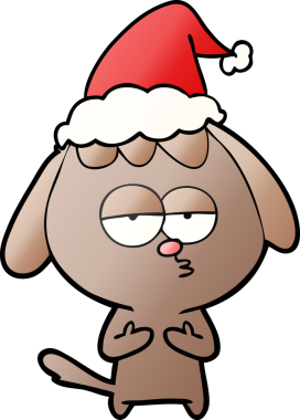Bir insan tarafından çizilmiş Noel Baba şapkası takan sıkılmış bir köpeğin el çizimi karikatürü.