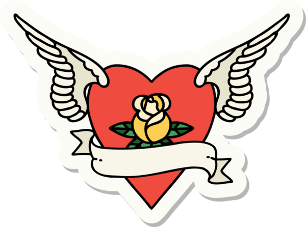 Geleneksel kalp tarzında bir dövme çıkartması. Kanatlarıyla bir insan tarafından çizilmiş bir gül ve bayrak.