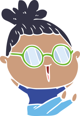Düz renkli karikatür kadın bir insan tarafından çizilmiş gözlük giyiyor.