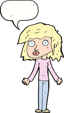 Bir insan tarafından çizilmiş konuşma baloncuğuyla omuz silken çizgi film kızı.