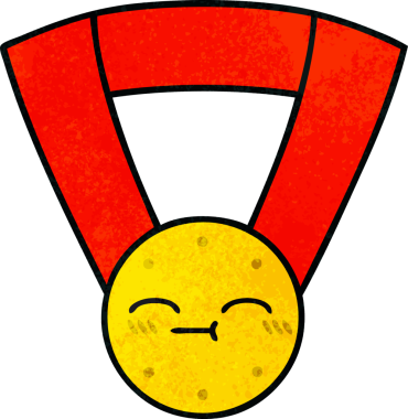 Bir insan tarafından çizilmiş altın madalyanın retro grunge desenli karikatürü