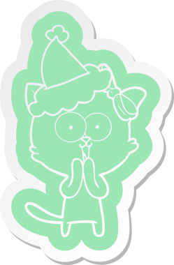 Bir insan tarafından çizilmiş Noel Baba şapkası takan bir kedinin garip karikatür çıkartması.