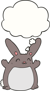 Bir insan tarafından çizilmiş düşünce kabarcığı olan çizgi film tavşanı.