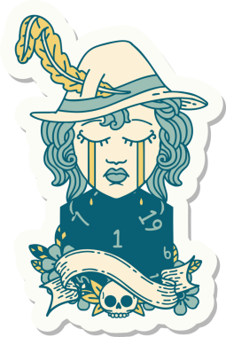 Ağlayan bir insan Druid karakterinin çıkartması. Bir insan tarafından çizilmiş doğal bir D20 rulosu.