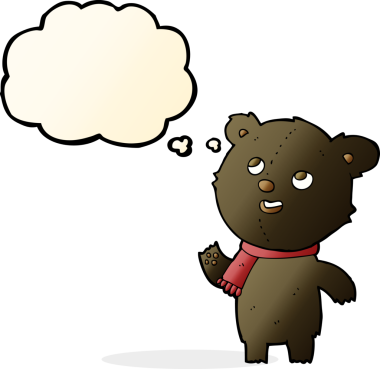 Bir insan tarafından çizilmiş düşünce baloncuklu eşarp giyen siyah ayı çizgi filmi.