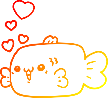 Sevgi dolu kalpleri bir insan tarafından çizilmiş sevimli bir balığın çizgi çizimi.