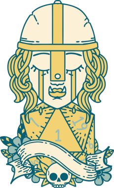 Retro Dövme Tarzı Ağlayan Ork Savaşçısı karakteri yüzü ve bir insan tarafından çizilmiş bir d20 rulosu.