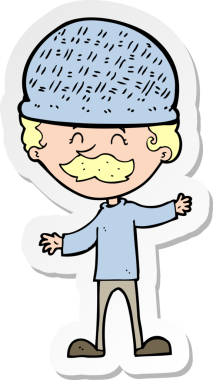 Bir insan tarafından çizilmiş şapkalı bir karikatür adamın çıkartması.