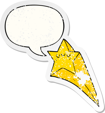 Konuşma baloncuğu ile kayan çizgi film yıldızı bir insan tarafından çizilmiş sıkıntılı eski bir çıkartma