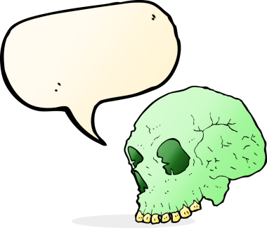 Bir insan tarafından çizilmiş konuşma baloncuğu olan karikatürümsü kafatası.