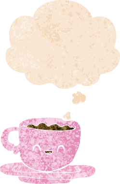 Düşünce baloncuklu karikatür sıcak kahve grunge sıkıntılı retro dokuma tarzı bir insan tarafından çizilmiş