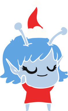 Gülümseyen uzaylı kız el çizimi düz renkli Noel Baba şapkası giyen bir insan tarafından çizilmiş.