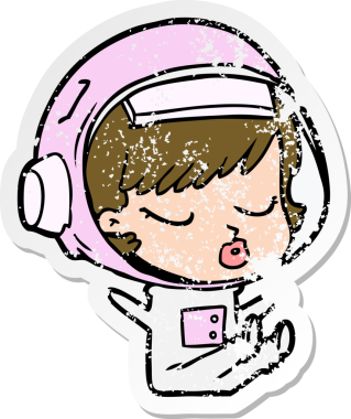 Bir karikatür çıkartması. Bir insan tarafından çizilmiş güzel astronot kız.