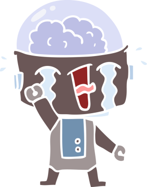 Bir insan tarafından çizilmiş düz renkli karikatür ağlayan robot.