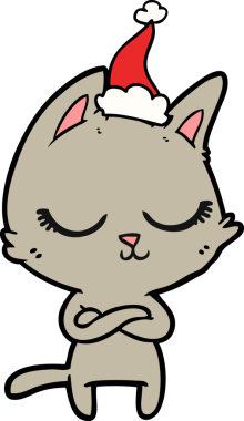 Sakin bir el çizimi çizimi. Noel Baba şapkası takan bir kedi. Bir insan tarafından çizilmiş.