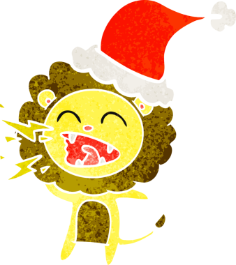 Bir insan tarafından çizilmiş Noel Baba şapkası giyen kükreyen bir aslanın el çizimi karikatürü.