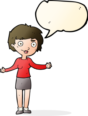 Bir insan tarafından çizilmiş konuşma balonu olan kafası karışık bir kadın çizgi filmi.