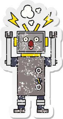 Bir insan tarafından çizilmiş arızalı bir robot çizgi film çıkartması.