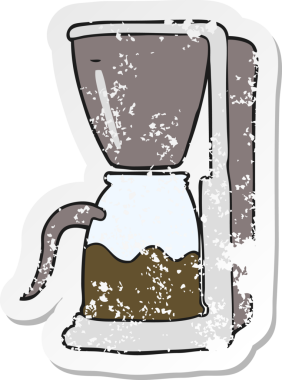 Bir insan tarafından çizilmiş bir çizgi film kahve makinesinin gerilimli yapıştırması.