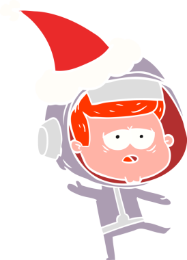 Bir insan tarafından çizilmiş Noel Baba şapkası giymiş yorgun bir astronotun el çizimi.