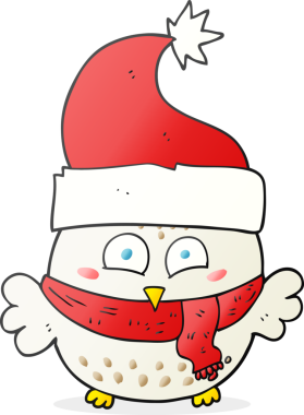 Bir insan tarafından çizilmiş Noel şapkası giyen baykuş çizimi.